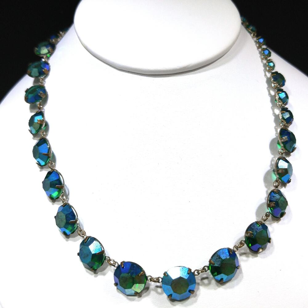 Green Aurora Borealis Crystal Art Deco Rivière Glass Necklace, 20 Inches, 1950s